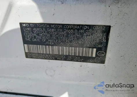 2012 Lexus Es 350 z USA, uszkodzony, nr VIN JTHBK1EG8C2501286